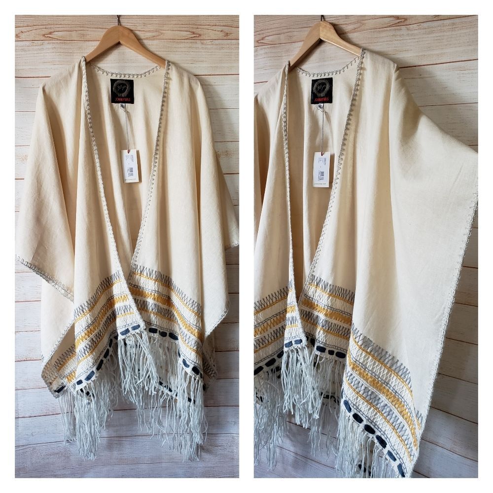 Johnny Was Aro Linen/Cotton Fringed Poncho/Wrap - Picture 4 of 11